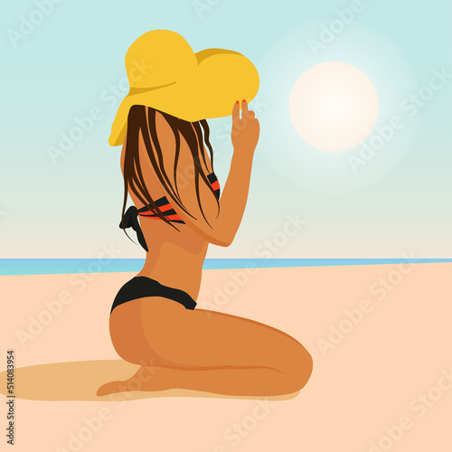 Beautiful young tanned girl in a bikini. vector illustration of summer holidays. sunbathes on the beach, girl sitting on the beach. Useful for summer vacations, resorts, hotels, and beaches.