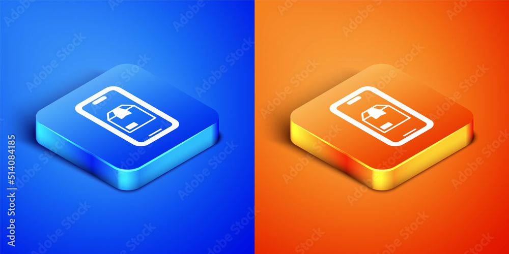Isometric Mobile smart phone with app delivery tracking icon isolated on blue and orange background. Parcel tracking. Square button. Vector Isometric Mobile smart phone with app delivery tracking icon isolated on blue and orange background. Parcel tracking. Square button. Vector