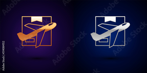 Gold and silver Plane and cardboard box icon isolated on black background. Delivery, transportation. Cargo delivery by air. Airplane with parcels, boxes. Vector