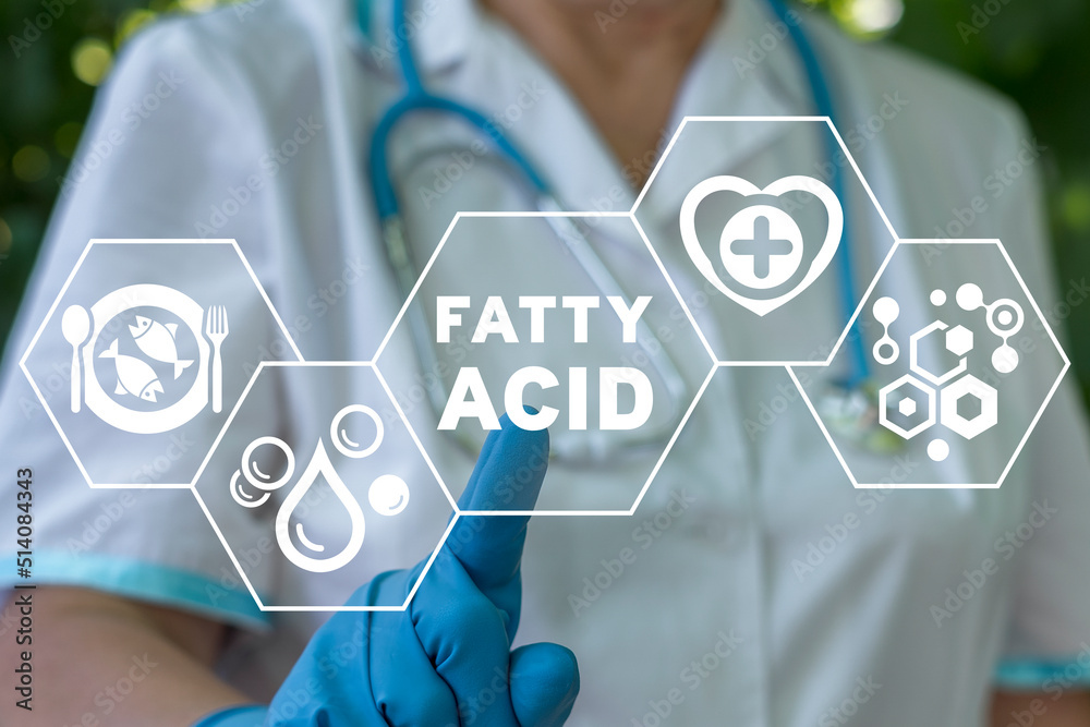 Fatty Acid, fish Oil, healthy fat, natural oil, omega acids. Medicine, Health, Nutrition and Science Concept. Doctor using virtual touchscreen clicks fatty acid inscription. - obrazy, fototapety, plakaty 