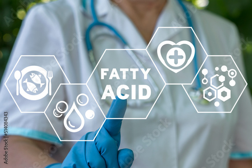 Fatty Acid, fish Oil, healthy fat, natural oil, omega acids. Medicine, Health, Nutrition and Science Concept. Doctor using virtual touchscreen clicks fatty acid inscription. photo