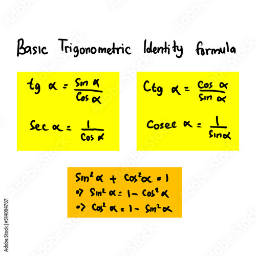 Basic trigonometric identities. The formula for tangent is equal to sin divided by cos. The sum of sin squared and cos squared. Cosec and cotangent. Mathematics. Handwritten math text. vector. EPS10