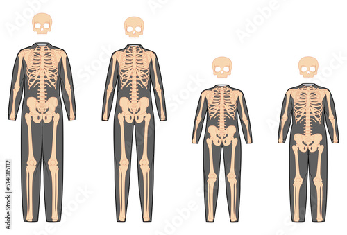 Set of Skeleton costume Human bones for whole family front view men women, boy, girl for Halloween, festivals, Day of the dead flat black color concept Vector illustration of anatomy isolated