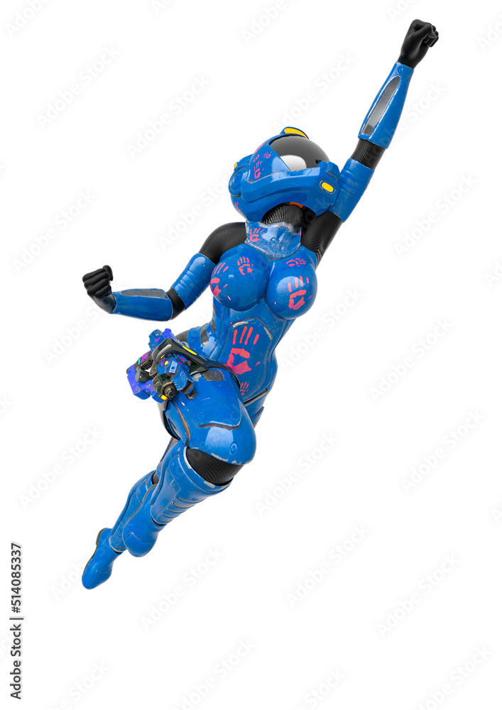 coolest astronaut girl is flying up very fast in white background coolest astronaut girl is flying up very fast in white background