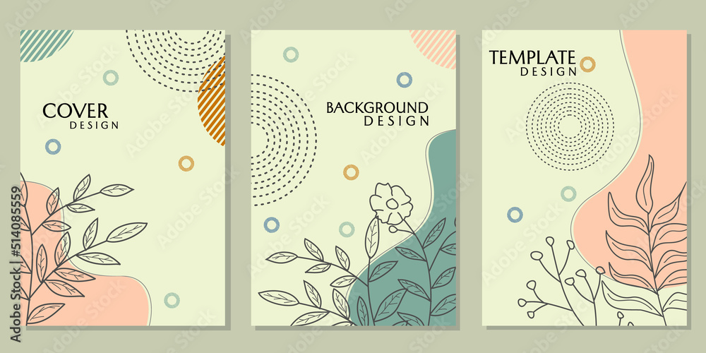 set of cover templates for abstract natural themes. white background with hand drawn leaf elements. for catalogs, brochures
