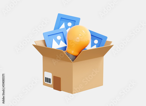 3D Cardboard box with lightbulb and print images. Ideas collected in box. Office move. Photography concept. Organized storage. Cartoon creative design icon isolated on white background. 3D Rendering photo