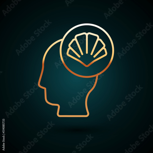 Gold line Scallop sea shell icon isolated on dark blue background. Seashell sign. Vector