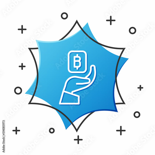 White line Hand holding Bitcoin icon isolated on white background. Blockchain technology, digital money market, cryptocoin wallet. Blue hexagon button. Vector