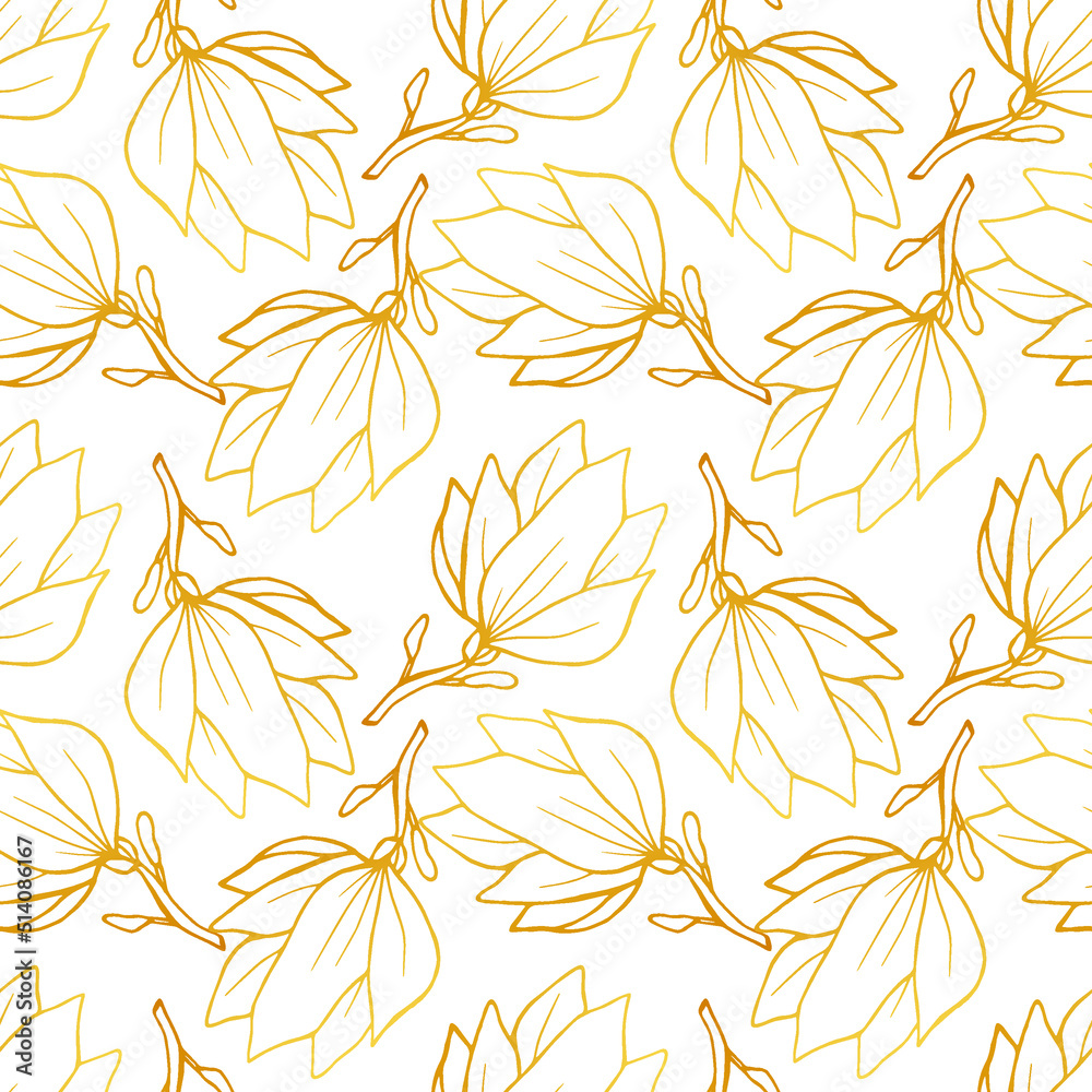 Golden Magnolia seamless pattern. Hand drawn vector illustration for wrapping paper, textile and background.