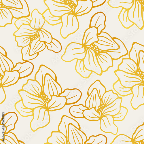 Golden Magnolia seamless pattern. Hand drawn vector illustration for wrapping paper  textile and background.