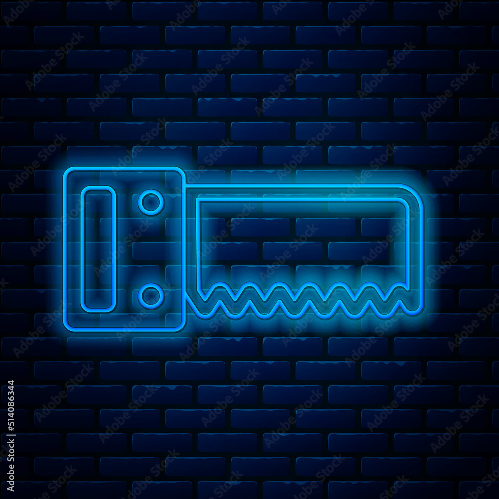 Glowing neon line Hand saw icon isolated on brick wall background. Vector Glowing neon line Hand saw icon isolated on brick wall background. Vector