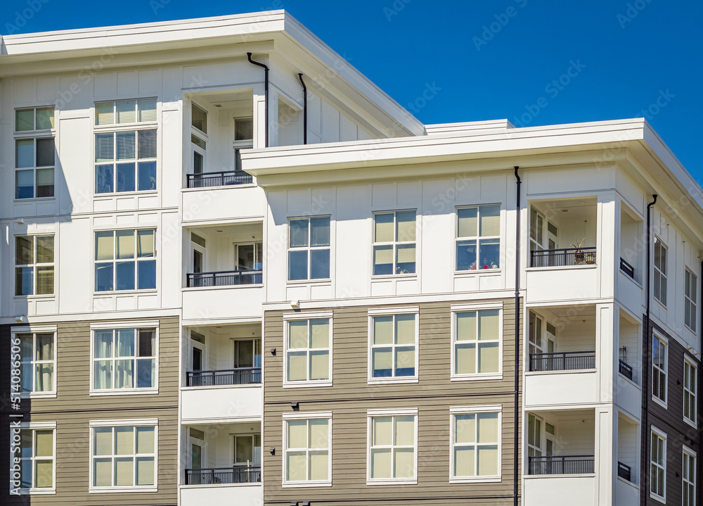New Modern Apartment Buildings in Vancouver BC. Architectural details of modern apartment building in sunny day