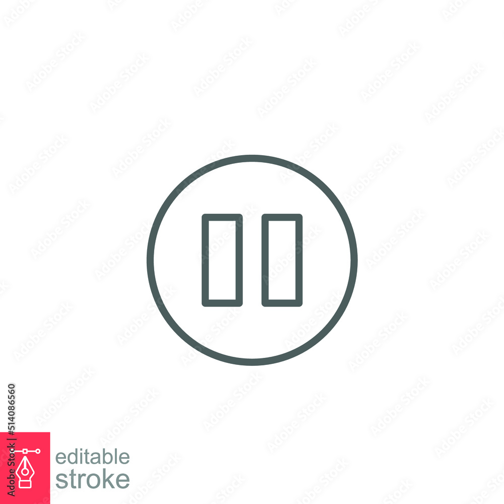 Pause line icon. Simple outline design style. Button, sign, round, symbol, play, speaker, video concept. Vector illustration isolated on white background. Editable stroke Eps10