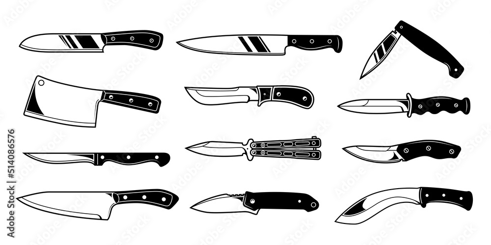 Knives collection isolated on white background. Different types of knife - for kitchen, folding, combat, hunting daggers. Design element for emblem, sign, print, label, etc. Vector illustration.