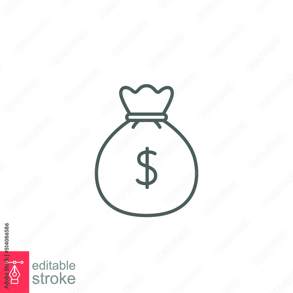 Money bag line icon. Simple outline design style. Dollar, moneybag, cash, million, sack concept. Vector illustration isolated on White background. Editable stroke Eps 10. Money bag line icon. Simple outline design style. Dollar, moneybag, cash, million, sack concept. Vector illustration isolated on White background. Editable stroke Eps 10.