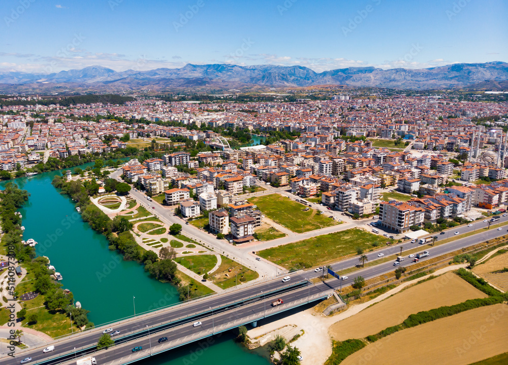 Fototapeta premium Aerial view of Manavgat city with view of Manavgat River, Antalya Province, Turkey.