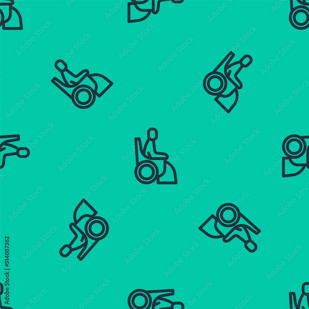 Blue line Woman in wheelchair for disabled person icon isolated seamless pattern on green background. Vector