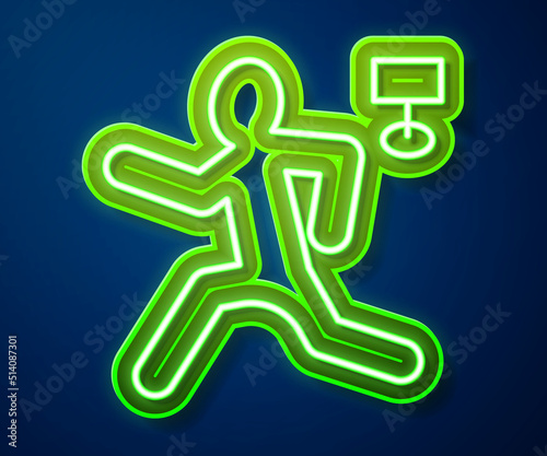Glowing neon line Murder icon isolated on blue background. Body, bleeding, corpse, bleeding icon. Concept of crime scene. Vector