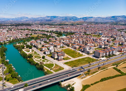 Aerial view of Manavgat city with view of Manavgat River, Antalya Province, Turkey.