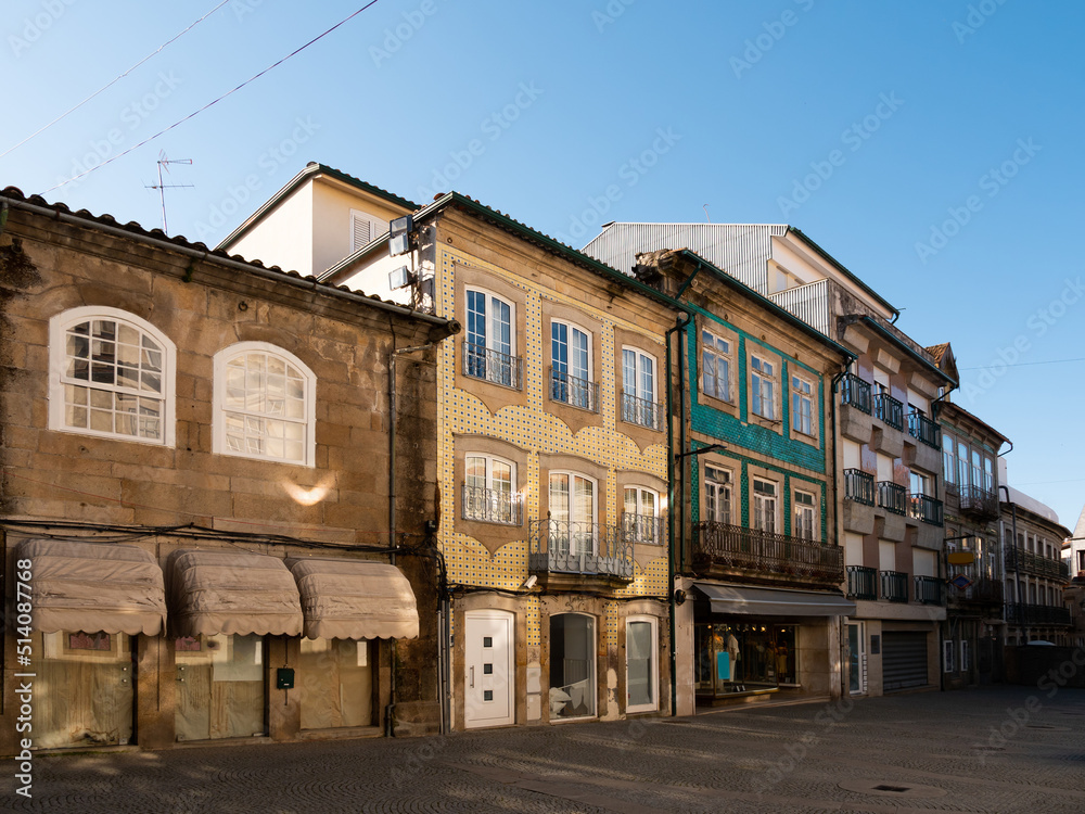 Picturesque view of old houses and streets of Vila Real town at sunny spring morning, Portugal
