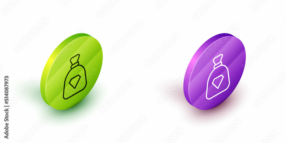 Isometric line Bag with gems icon isolated on white background. Green and purple circle buttons. Vector Isometric line Bag with gems icon isolated on white background. Green and purple circle buttons. Vector