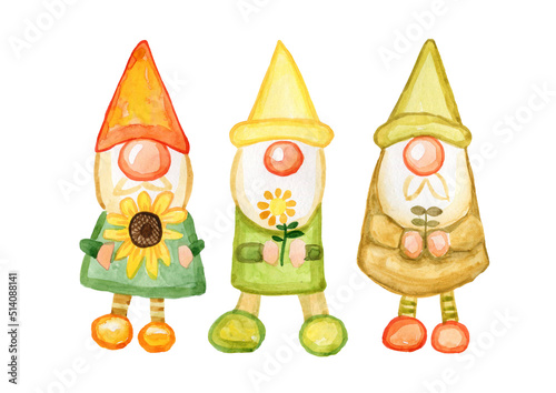 Watercolor set of garden gnomes isolated on white background. summer, sunflowers, green photo