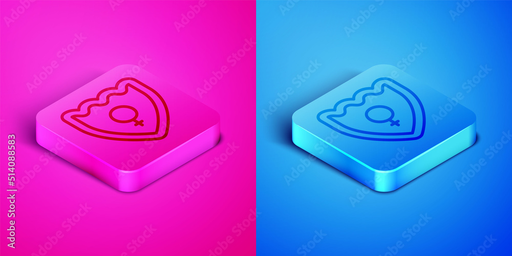 Isometric line Gender shield, Female icon isolated on pink and blue background. Square button. Vector Isometric line Gender shield, Female icon isolated on pink and blue background. Square button. Vector