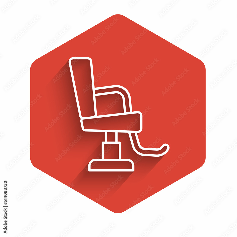 White line Barbershop chair icon isolated with long shadow background. Barber armchair sign. Red hexagon button. Vector White line Barbershop chair icon isolated with long shadow background. Barber armchair sign. Red hexagon button. Vector