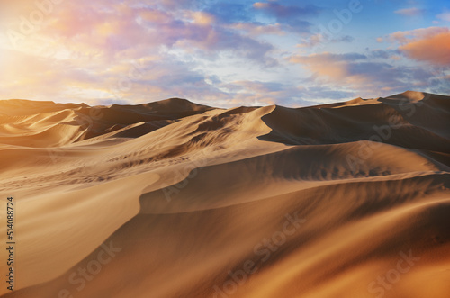 Panorama of sand dunes Sahara Desert at sunset. Endless dunes of yellow sand. Desert landscape Waves sand nature  3d illustration.