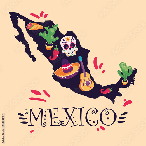 mexico map with skull
