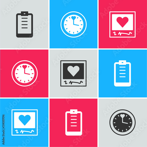 Set Clipboard with checklist, Clock and Photo frames and hearts icon. Vector