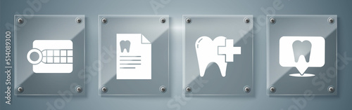 Set Dental clinic location, Dental clinic for dental care tooth, Clipboard with dental card and Dentures model. Square glass panels. Vector