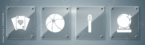 Set Magic ball, Magic staff, Beach ball and Playing cards. Square glass panels. Vector