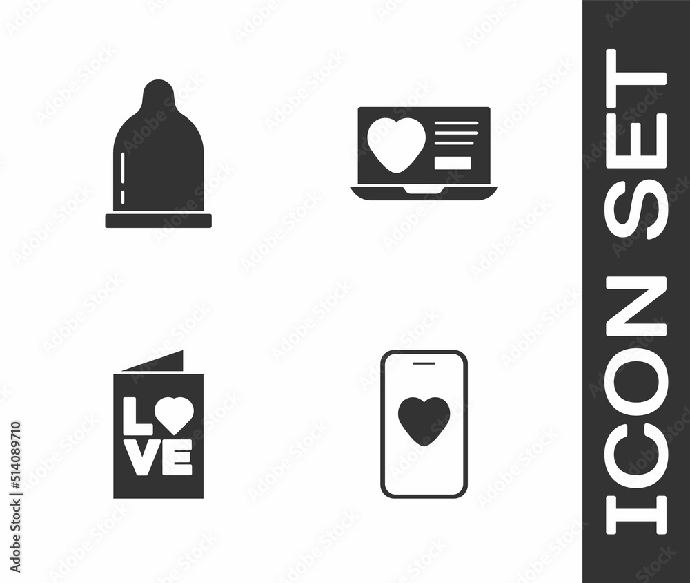 Set Online dating app and chat, Condom, Valentines day party flyer and Dating online icon. Vector Set Online dating app and chat, Condom, Valentines day party flyer and Dating online icon. Vector