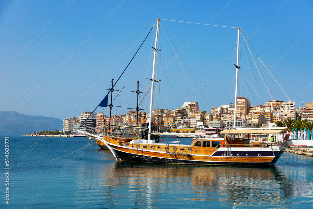 Scenic view of Ionian Sea and sightseeing boats at Saranda, Albania