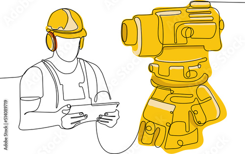 Close up of young Caucasian worker with helmet on head using tablet for work while standing in warehouse. Surveyor with a tripod icon. Geodesic tripod. Vector illustration