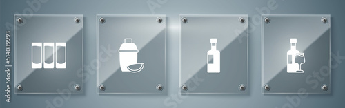 Set Wine bottle with glass, , Cocktail shaker lime and Shot. Square glass panels. Vector
