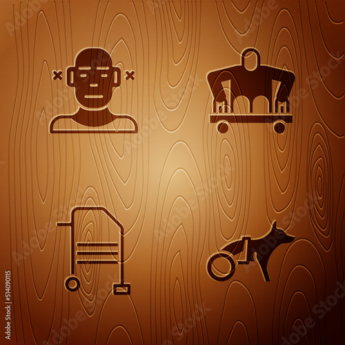 Set Dog in wheelchair, Deaf, Walker and Man without legs sitting on wooden background. Vector
