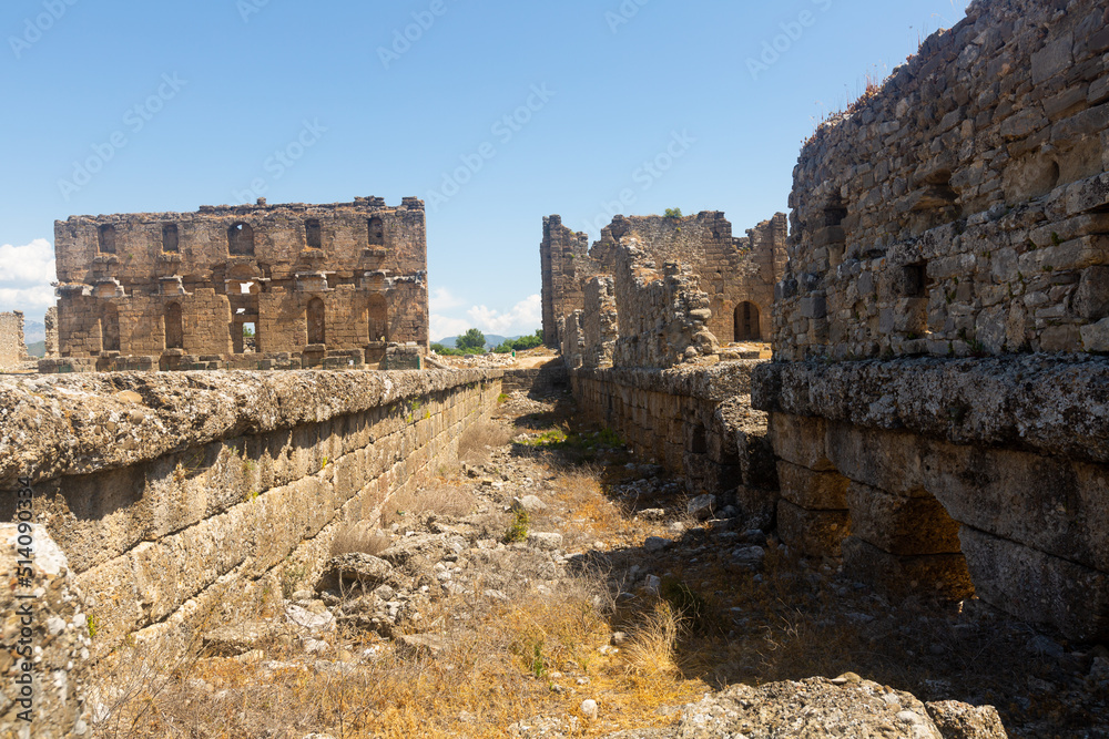 Ruins of a roman bazilica and a nymphaeum in the ancient city of Aspendos, currently located in the Serik district near ..Antalya, Turkey