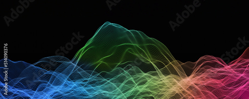 Mounds and canyons of colors. Peaks and dips formed by extremely fine 3D mesh or grid. Complex  wireframe in rainbow like spectrum of color. 3D illustration, 3D rendering. photo