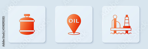Set Refill petrol fuel location, Propane gas tank and Oil platform in the sea. White square button. Vector