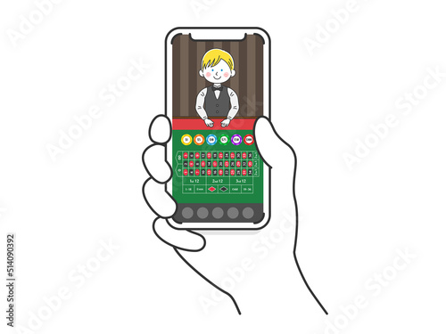 オンラインカジノを、スマートフォンでプレーする人のイラスト