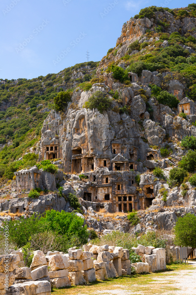 Ancient Lycian tombs of Myra, located in Turkish city town Demre. Remains of necropolis in Antalya Province.