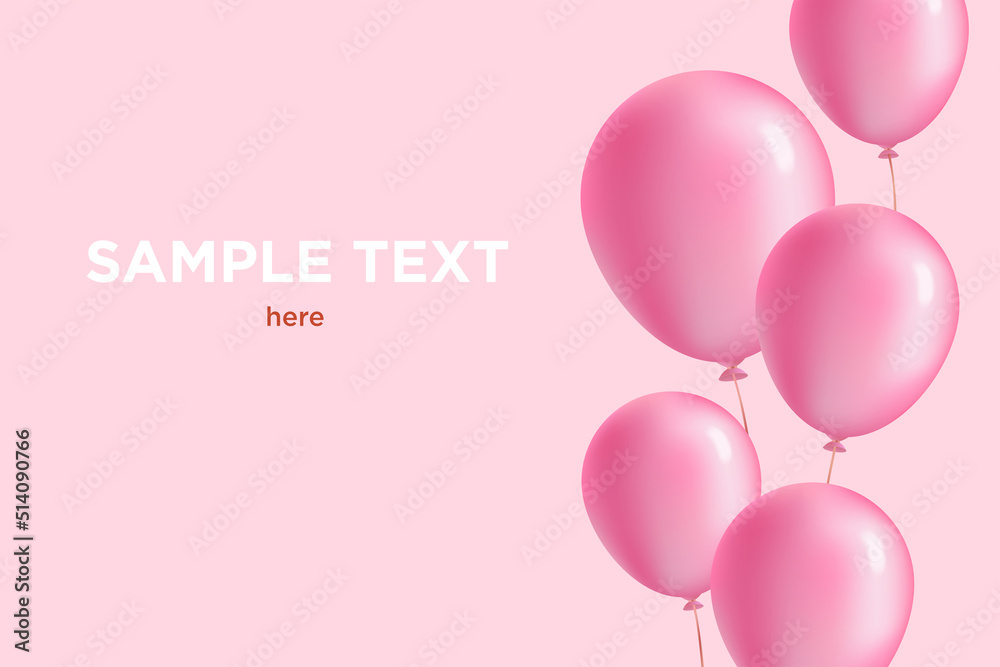 Air balloons. Design template with copy space. Bunch of pink helium balloons on pink background
