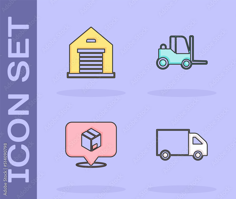 Set Delivery cargo truck, Warehouse, Location with cardboard box and Forklift icon. Vector