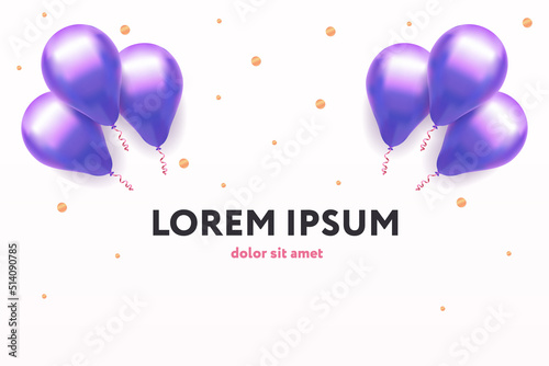 Vector festive template in realistic style. Purple helium balloons  with gold confetti on white backdrop