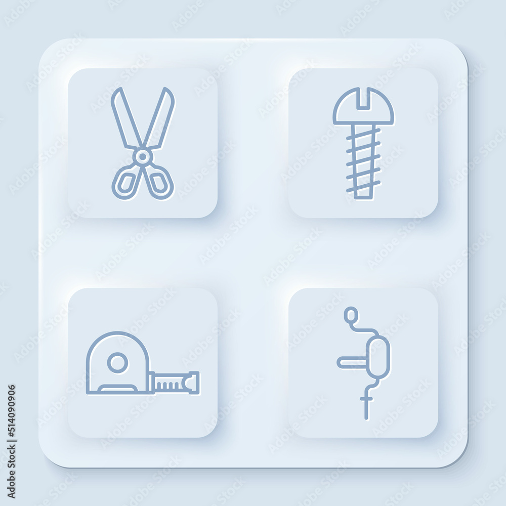 Set line Scissors, Metallic screw, Roulette construction and Hand drill. White square button. Vector Set line Scissors, Metallic screw, Roulette construction and Hand drill. White square button. Vector