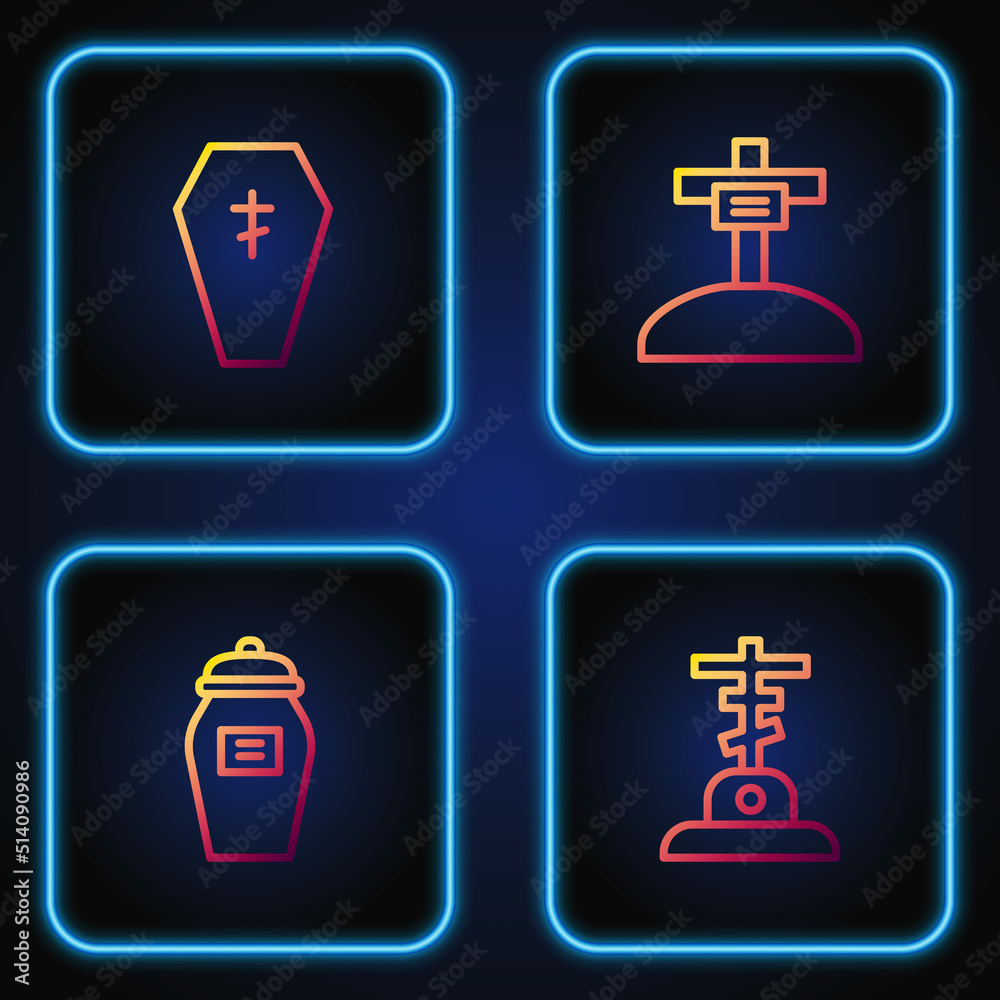 Obraz premium Set line Grave with cross, Funeral urn, Coffin and . Gradient color icons. Vector