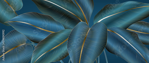 Abstract luxury art background with exotic tropical leaves in blue and gold color in line style. Botanical design for decor, print, banner, wallpaper