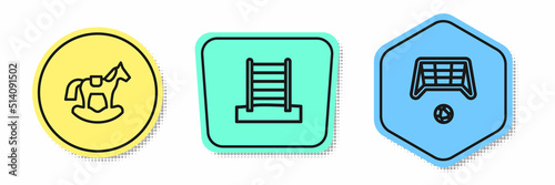 Set line Horse in saddle swing, Swedish wall and Soccer goal with ball. Colored shapes. Vector